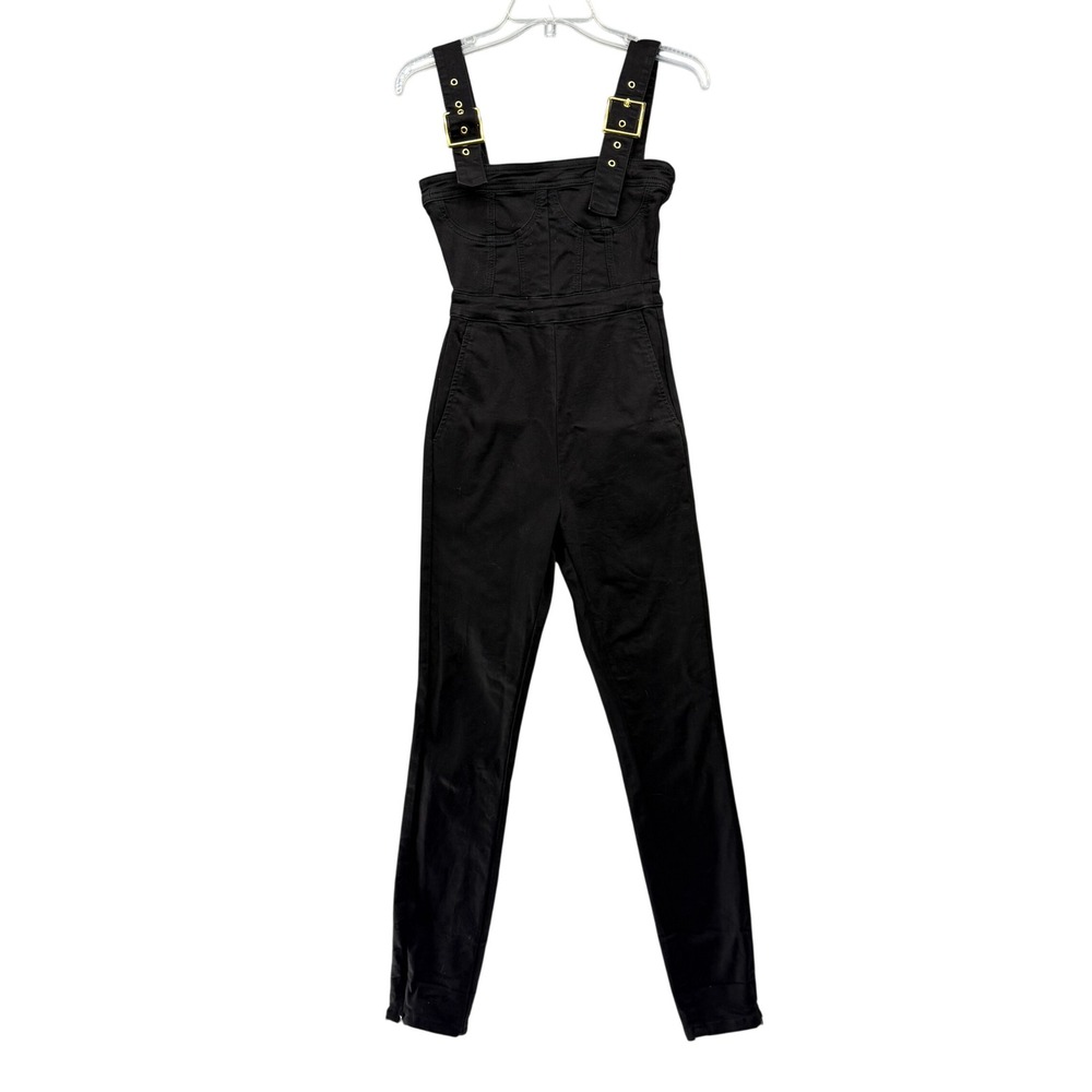 WeWoreWhat Bustier Jumpsuit Black Buckle Strap Skinny Leg Ankle Zip Utility Chic